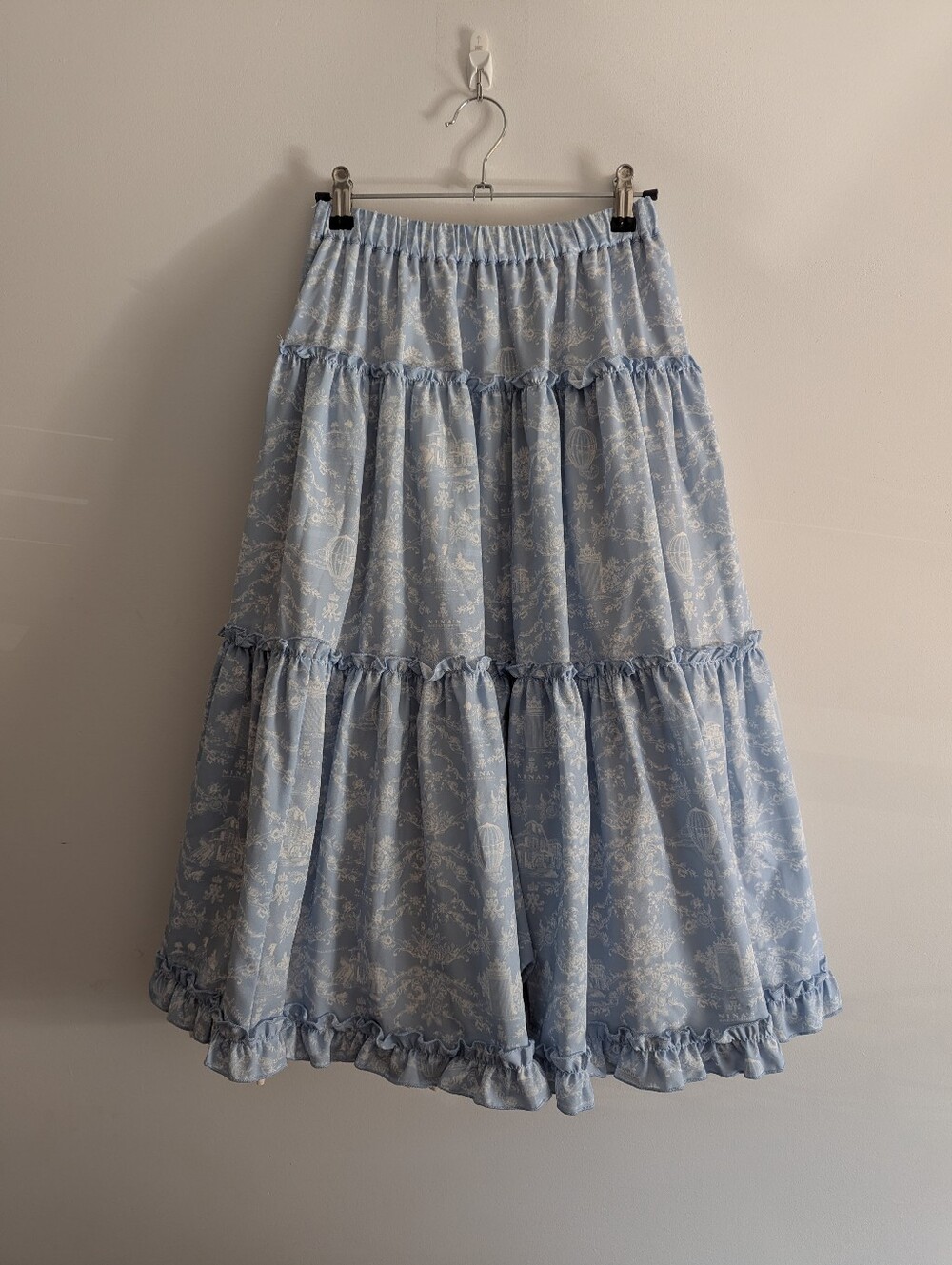 Japanese Light Blue And White Toile Print Tiered Ruffle Midi Skirt